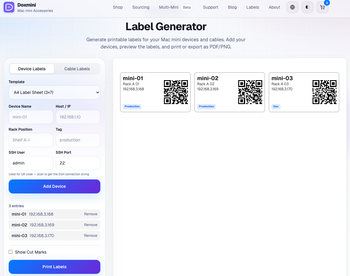 Doxmini Label Generator — create device and cable labels with QR codes