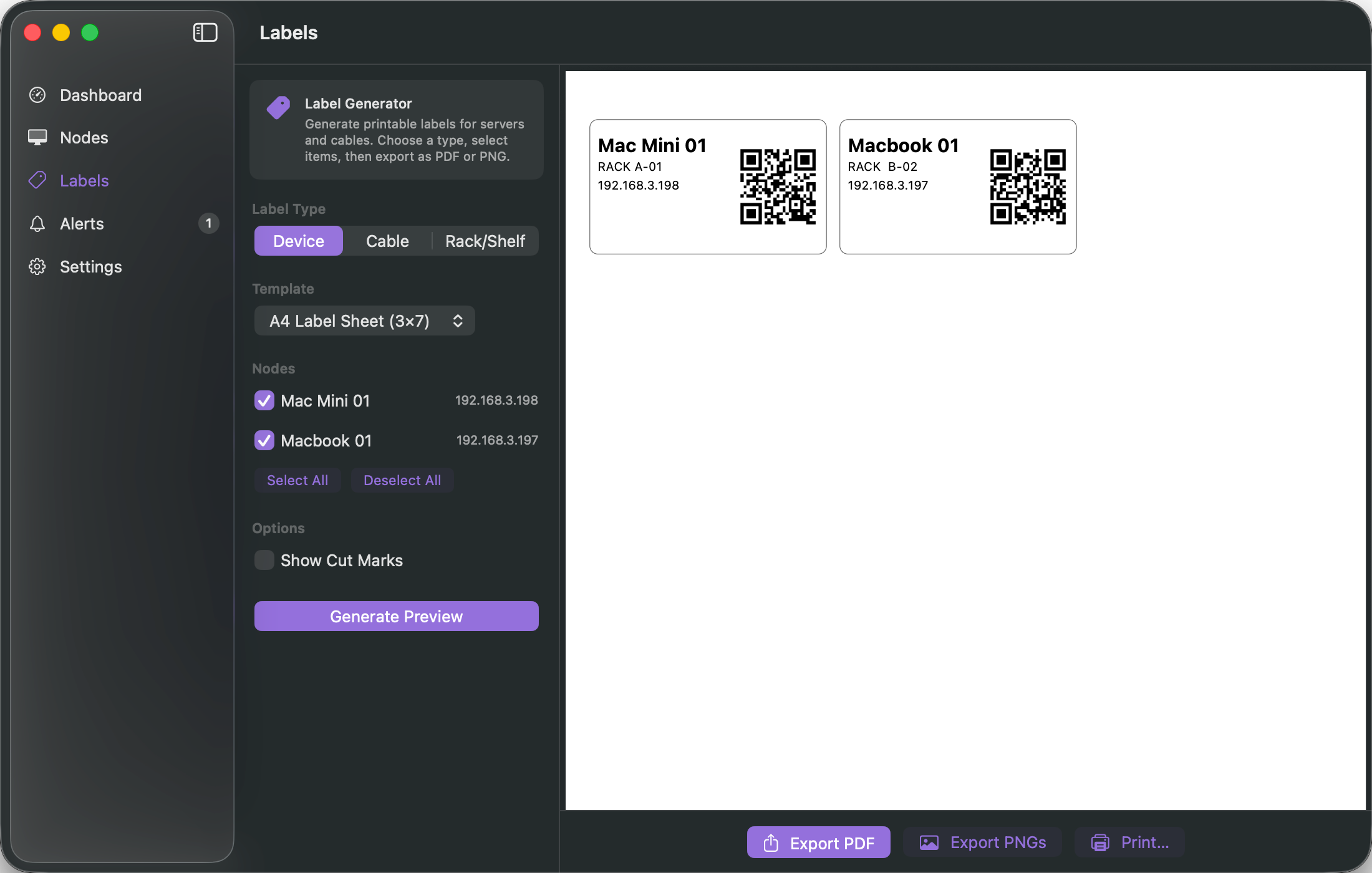 RackMini Labels — generate printable device and cable labels with QR codes