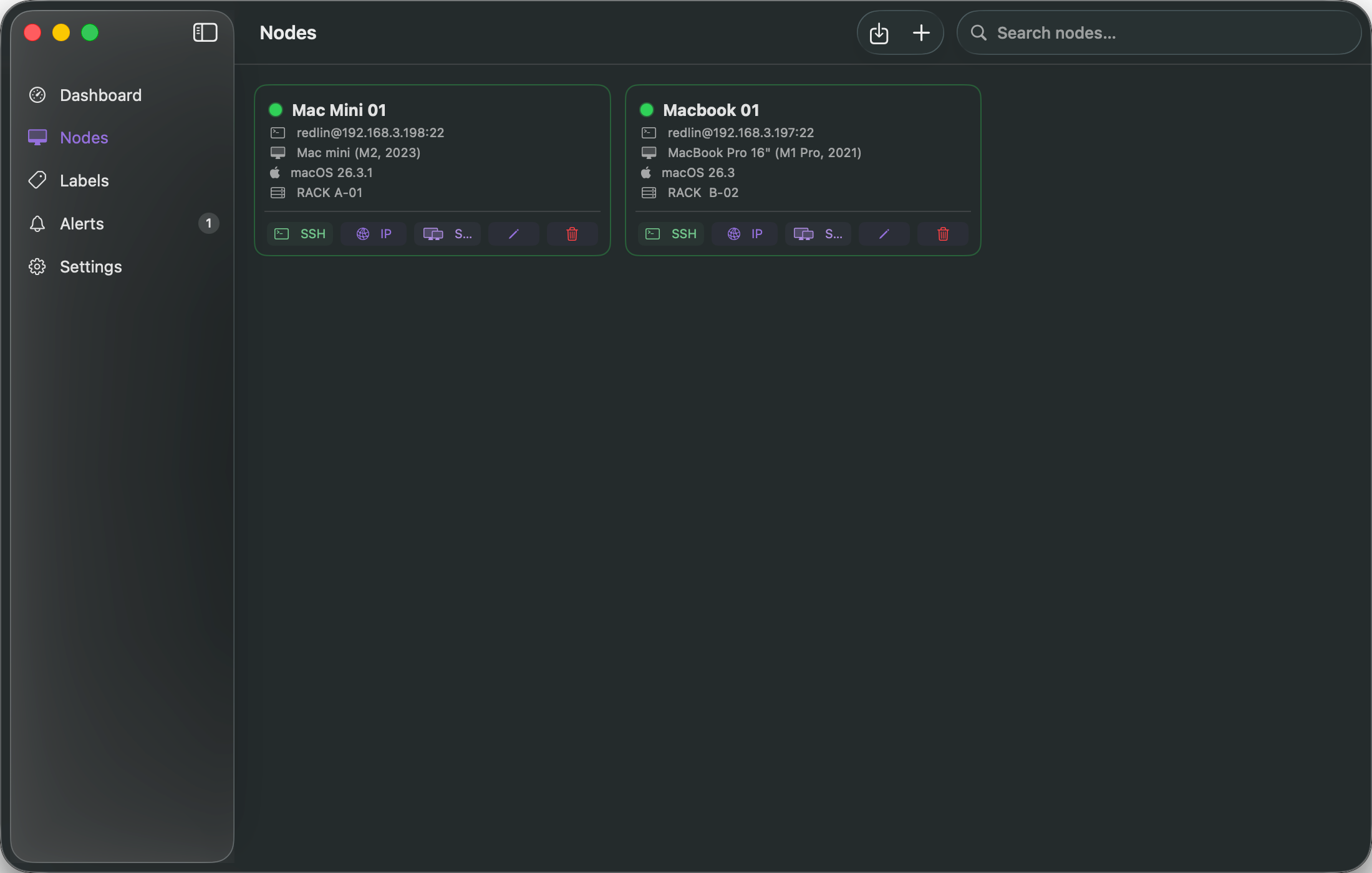 RackMini Nodes — full profile for every Mac in your cluster